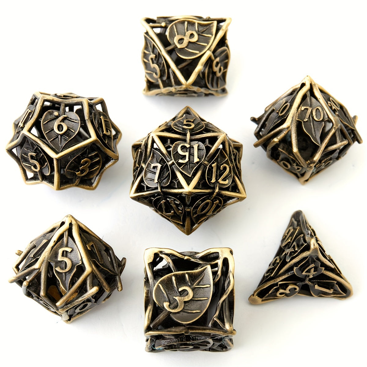 Metal Dice Set - Hollow Enchanted Leaf Ancient Bronze