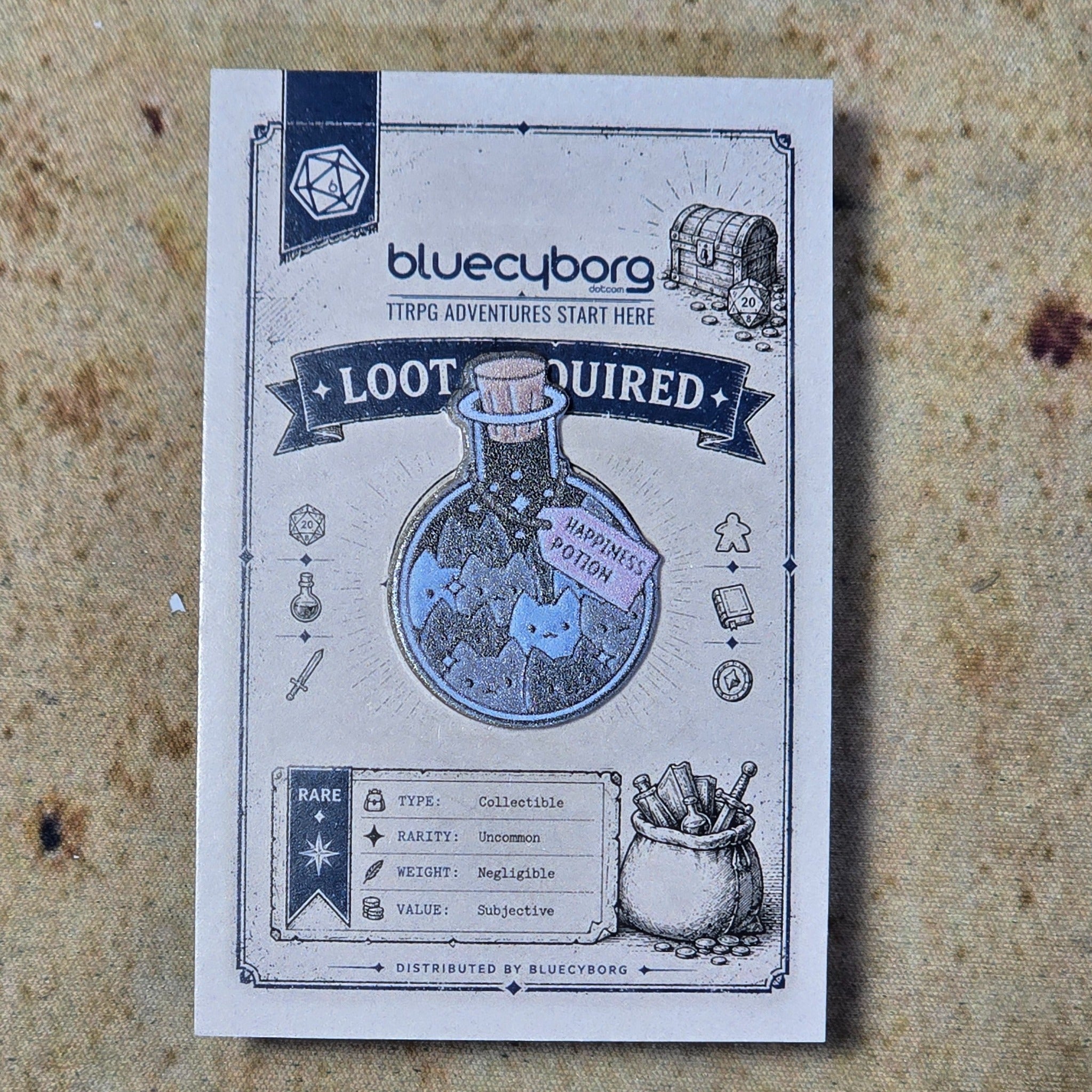 Blue Happiness Potion Cats Acrylic Pin Badge on BlueCyborg backing card