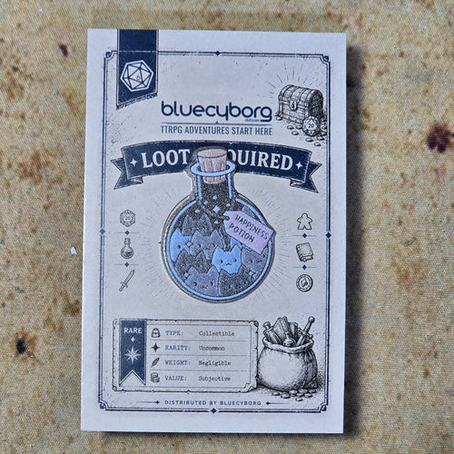 Blue Happiness Potion Cats Acrylic Pin Badge on BlueCyborg backing card