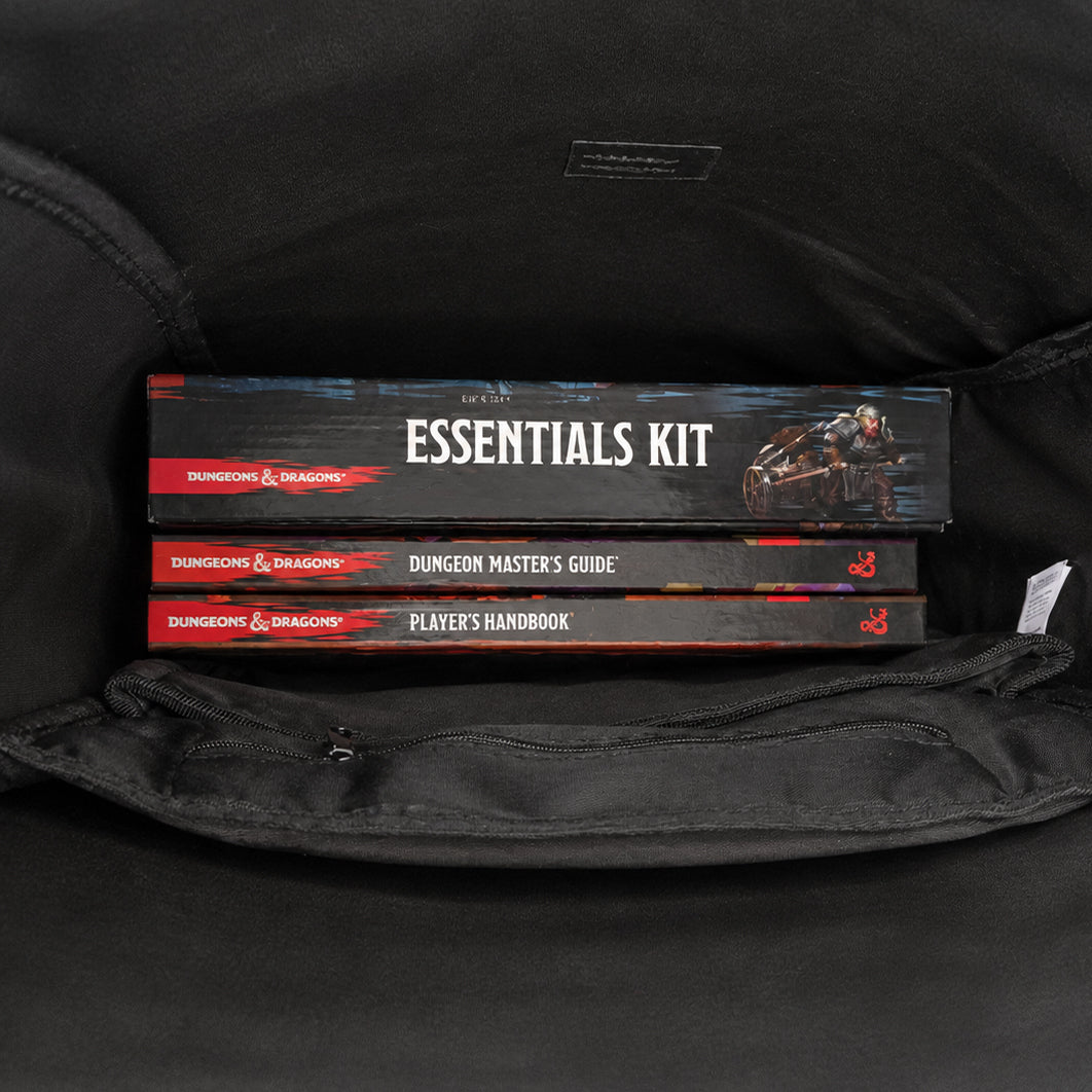 Backpack of Holding shown carrying TTRPG rulebooks with space for gaming accessories