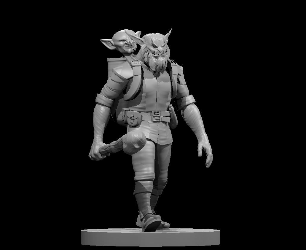 Bugbear Fighter with Goblin Buddy in Backpack - 28mm Scale Miniature