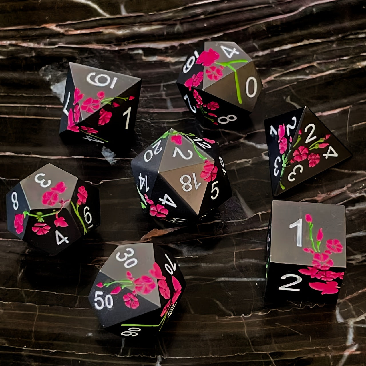 Metal Dice Set - Floral - Matt Black Red Flower