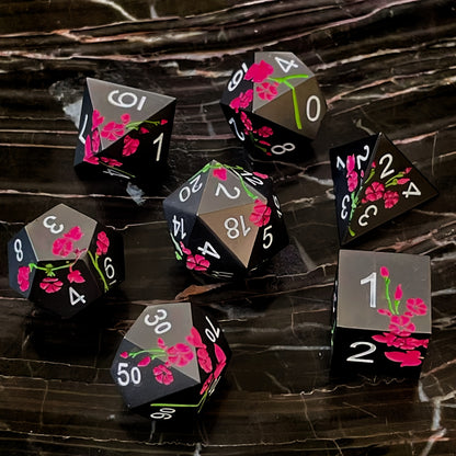 Metal Dice Set - Floral - Matt Black Red Flower