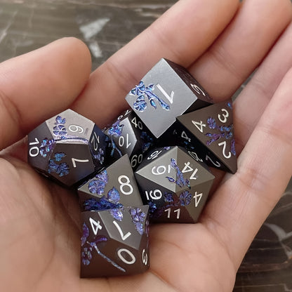 Metal Dice Set - Floral - Matt Black Blue Flower