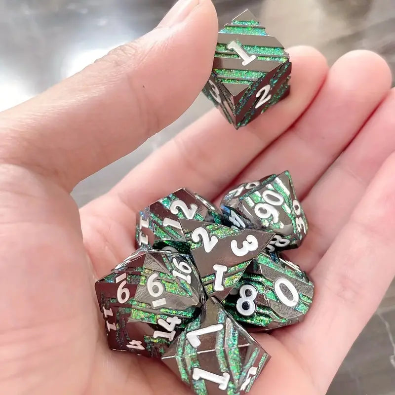 Metal D20 Polyhedral 7 Piece Dice Set - Sparkling Green Stripes