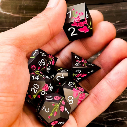 Metal Dice Set - Floral - Matt Black Red Flower