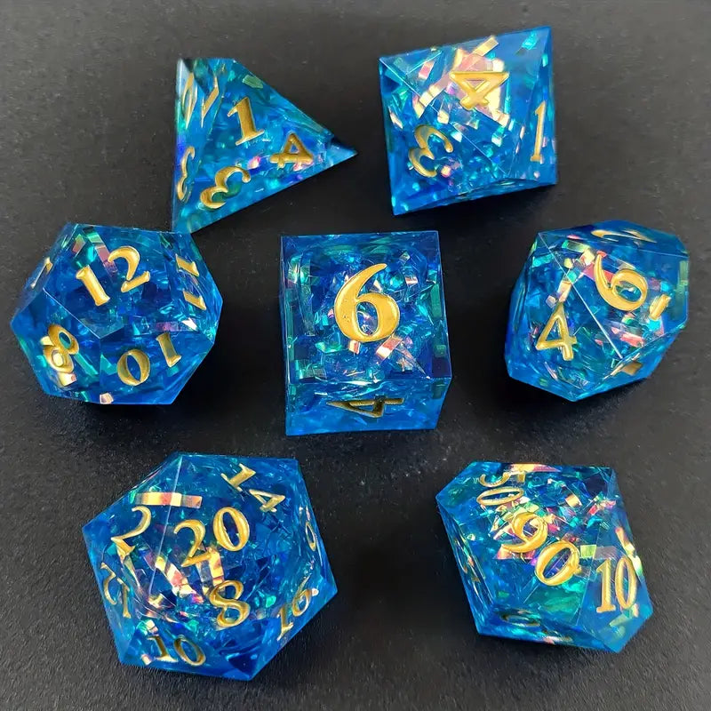 Premium D20 Polyhedral 7 Piece Dice Set - Resin - Funfetti Blue