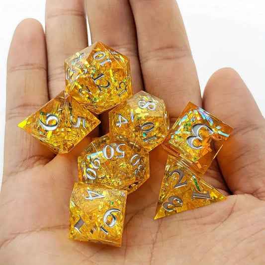 Premium D20 Polyhedral 7 Piece Dice Set - Resin - Funfetti Gold