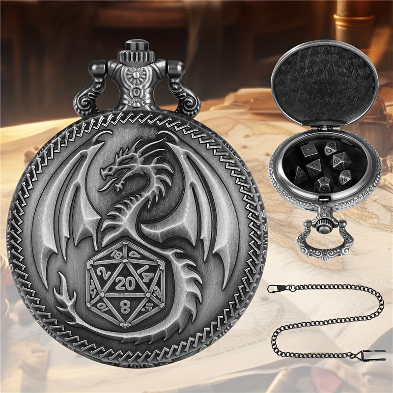 Mini Metal Dice Set With Pocket Watch Case - Dragon