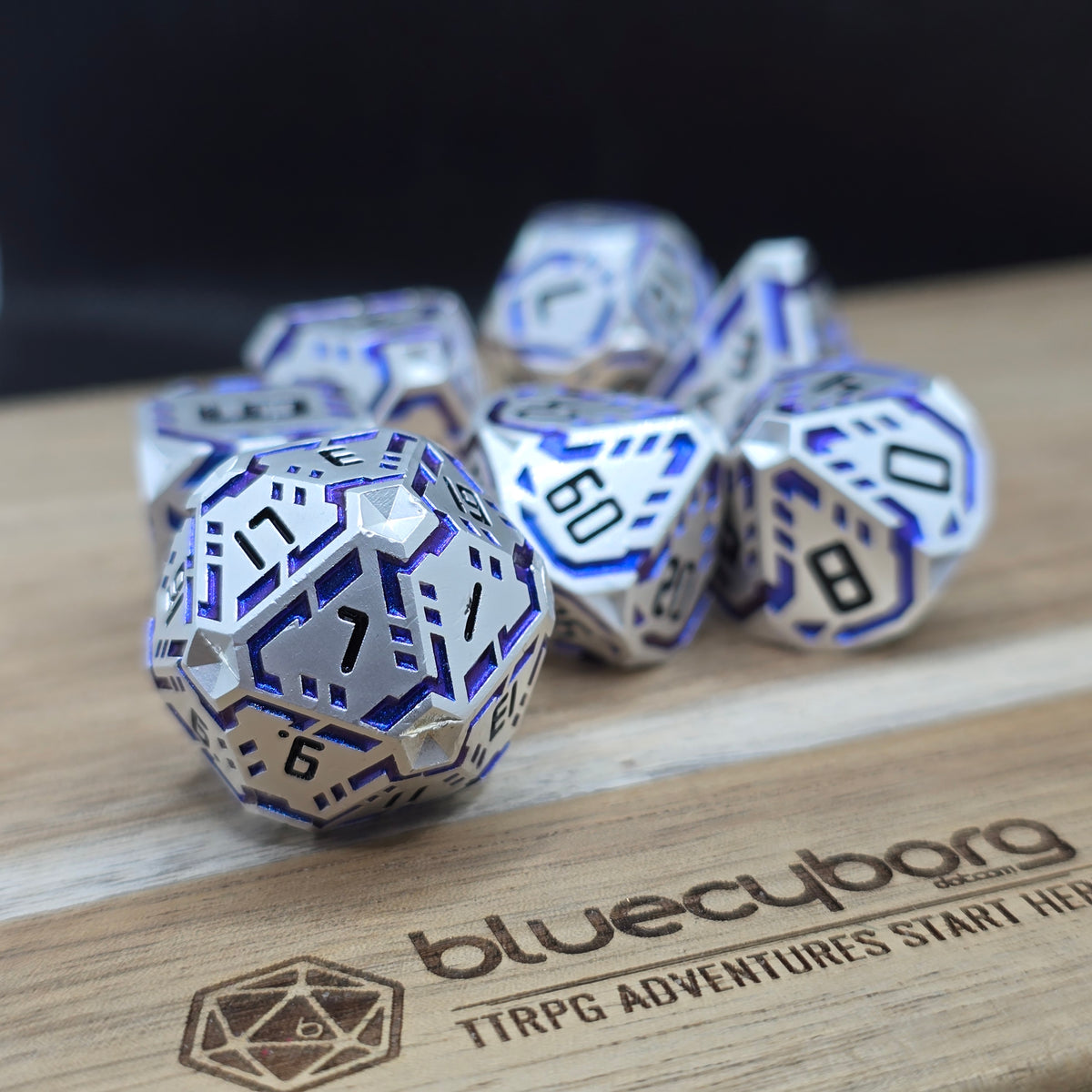 Circuit Core silver and purple solid metal RPG dice set