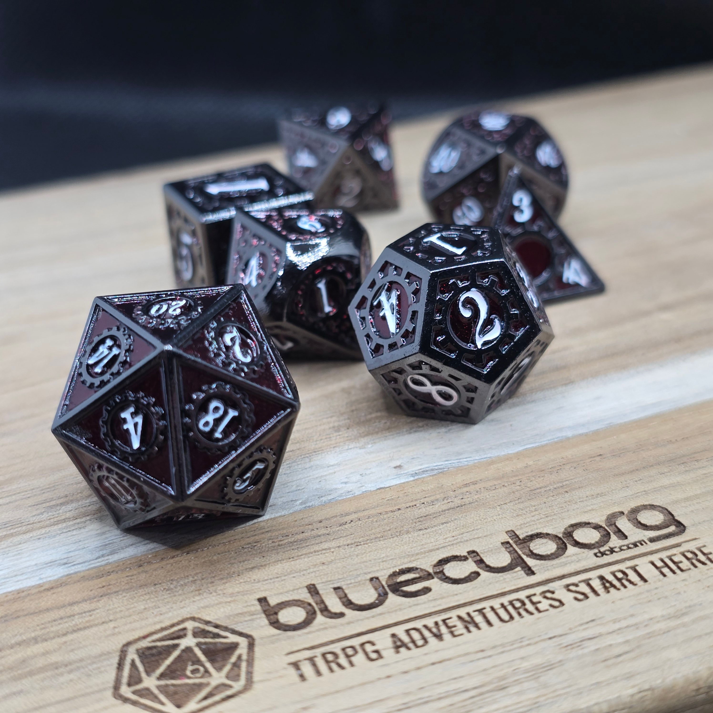 Clockwork Relic gunmetal red metal RPG dice set
