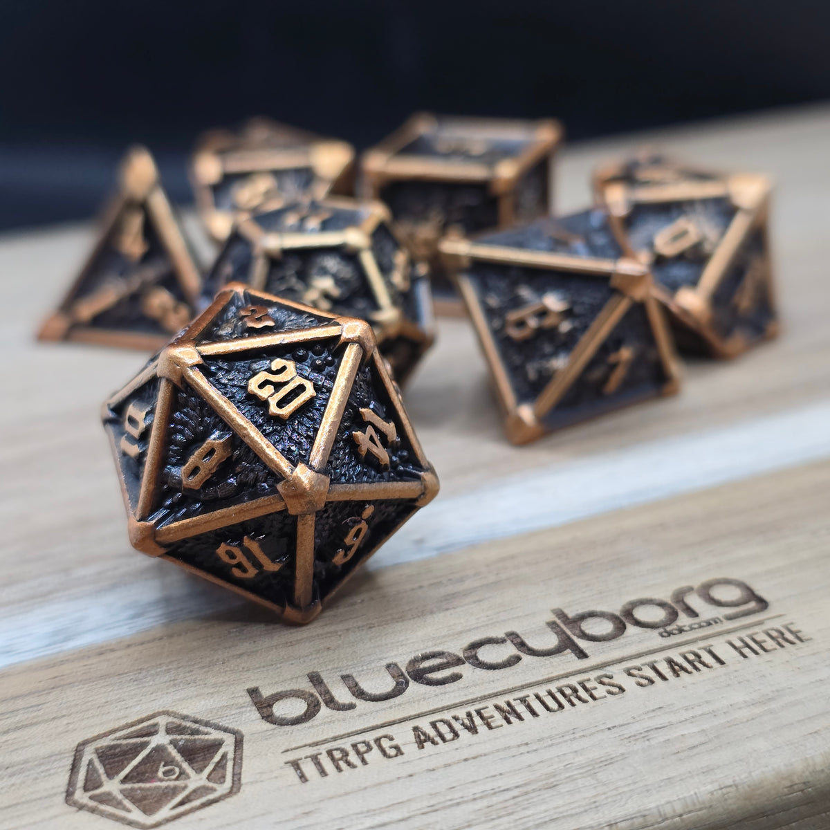 Copperbound Relic antique bronze and black metal RPG dice set