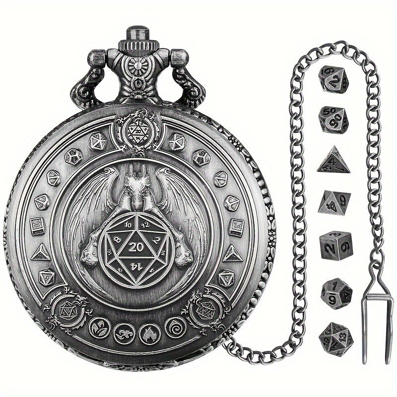 Mini Metal Dice Set With Pocket Watch Case - Dragon Flight