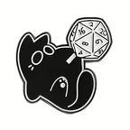 Black cat holding a D20 pin badge