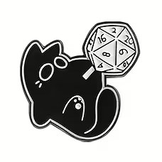 Black cat holding a D20 pin badge
