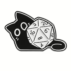 Black cat lying behind a D20 pin badge