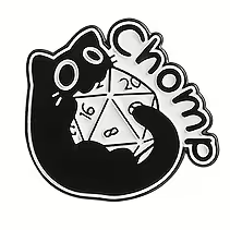 Black cat chomping a D20 pin badge with chomp text