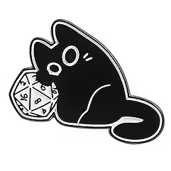 Black cat sitting with a D20 pin badge