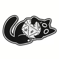 Black cat rolling with a D20 pin badge