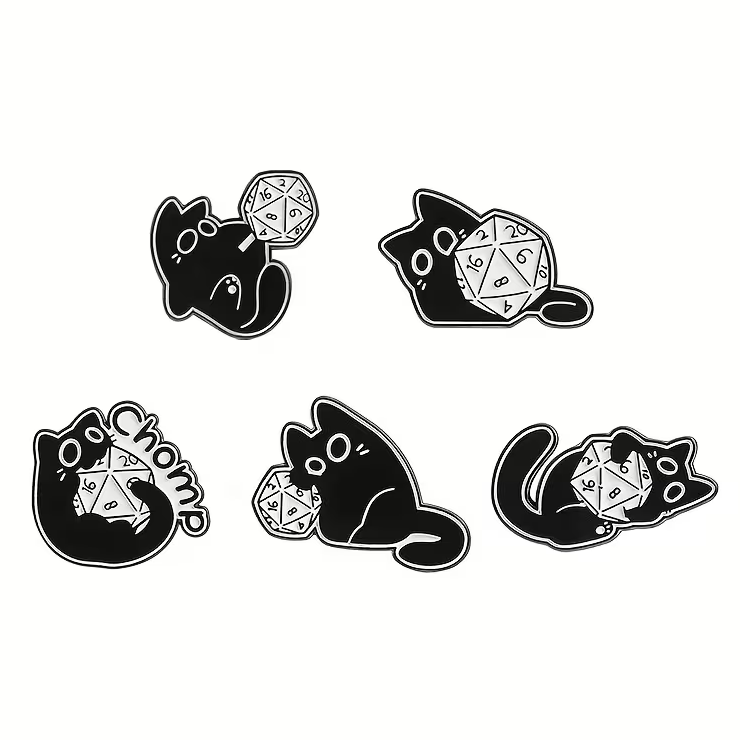 Range of five black cat D20 pin badges