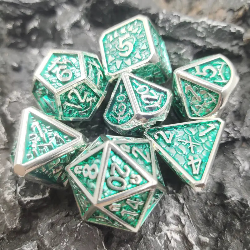 Metal Dice Set - Dragon Scale - Bright Silver Green