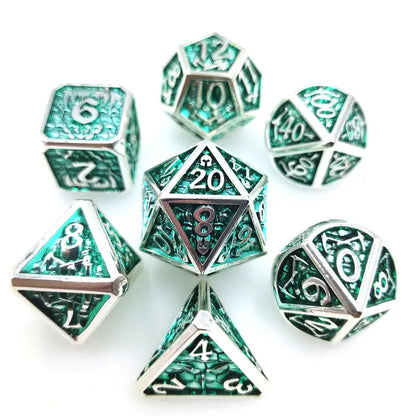 Metal Dice Set - Dragon Scale - Bright Silver Green