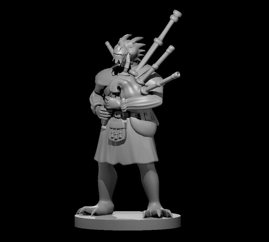 Dragonborn Male Bard with Bagpipes 2 28mm scale miniature