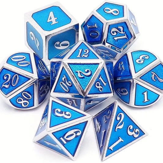 Metal D20 Polyhedral 7 Piece Dice Set - Silver/Blue