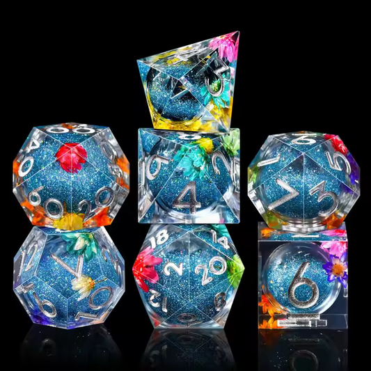 Liquid Core Dice Set - Quicksand Blue Flowers