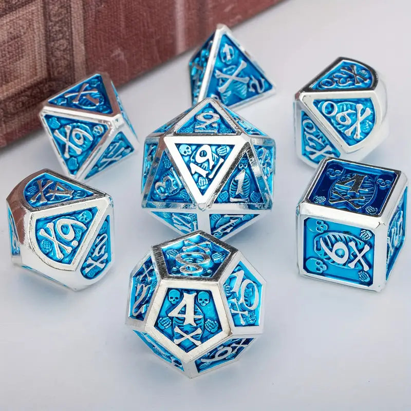 Metal D20 Polyhedral 7 Piece Dice Set - Skellington (Blue/Silver)