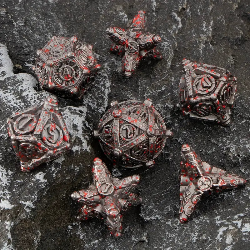 Metal D20 Polyhedral 7 Piece Dice Set - Naval Mines Blood Splattered