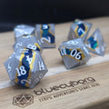 Gilded Rift blue, gold and smoky grey geode effect shell resin dice set