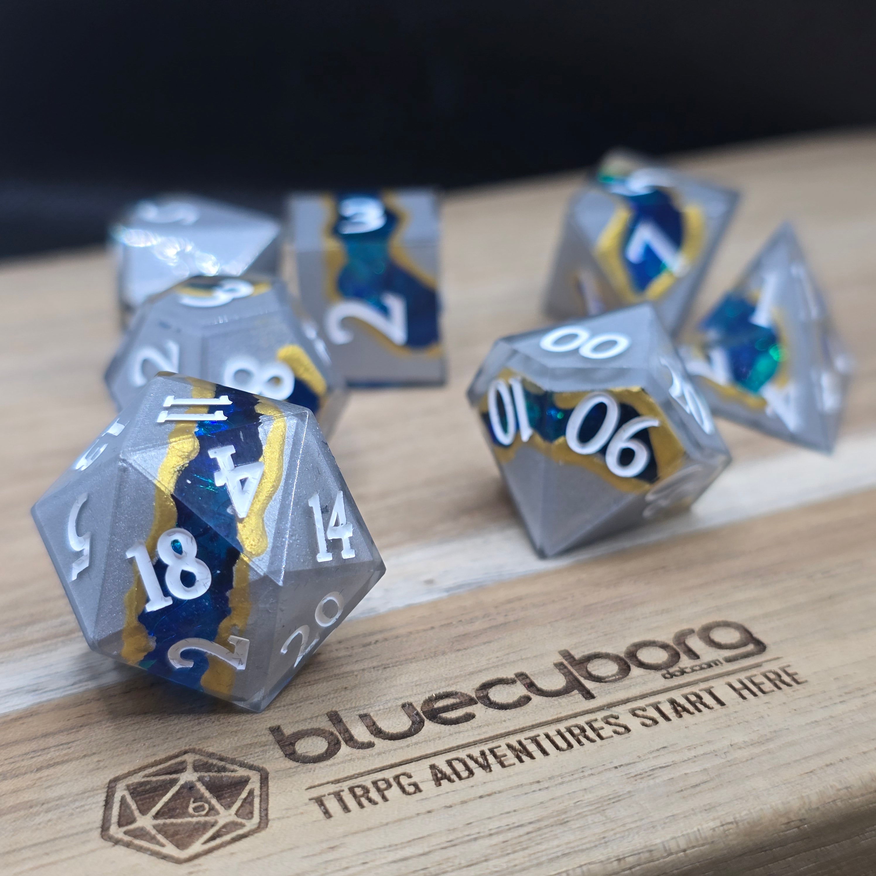 Gilded Rift blue, gold and smoky grey geode effect shell resin dice set