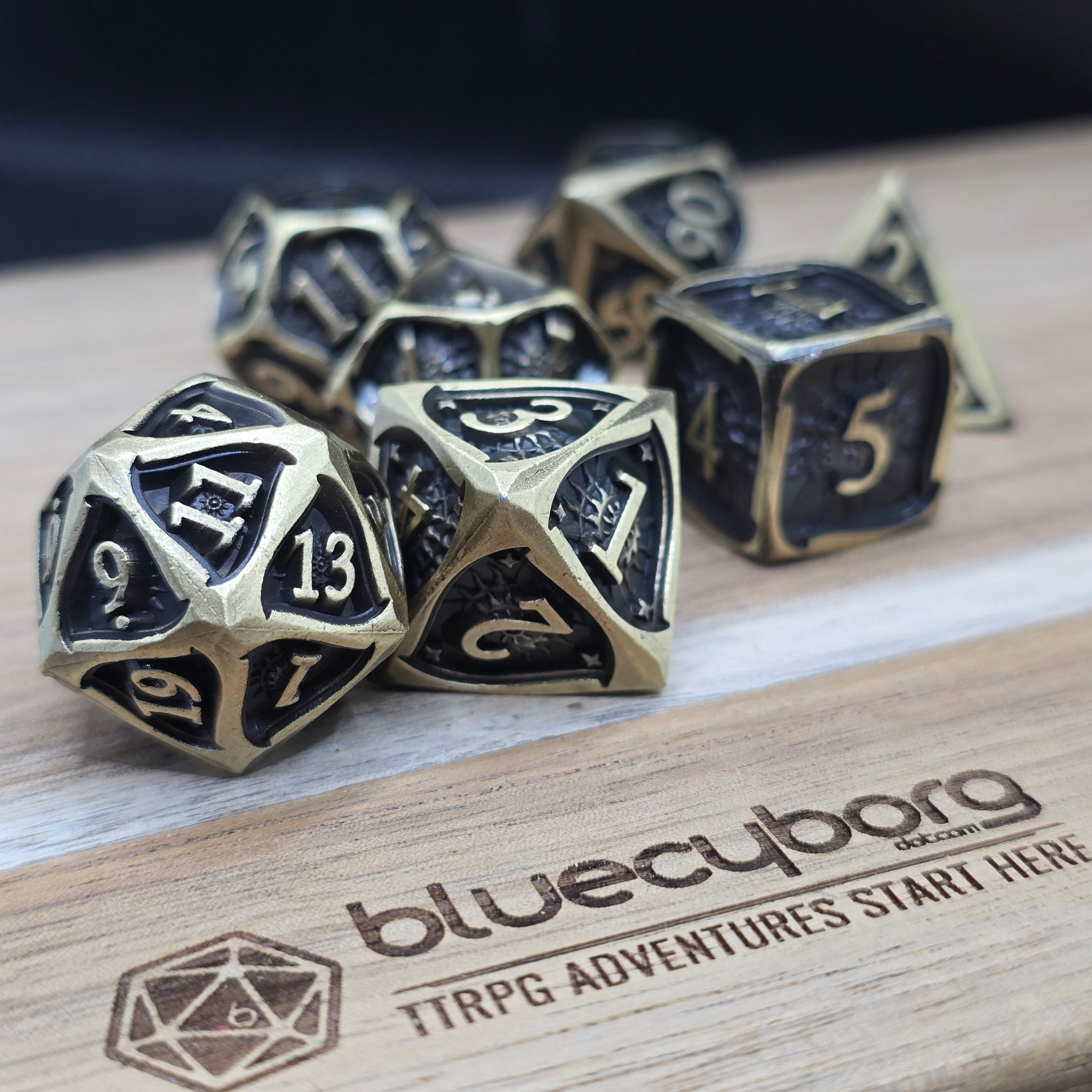 Gilded Sun antique gold metal RPG dice set