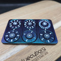 Iridescent purple green and white metal credit card shaped RPG dice spinner