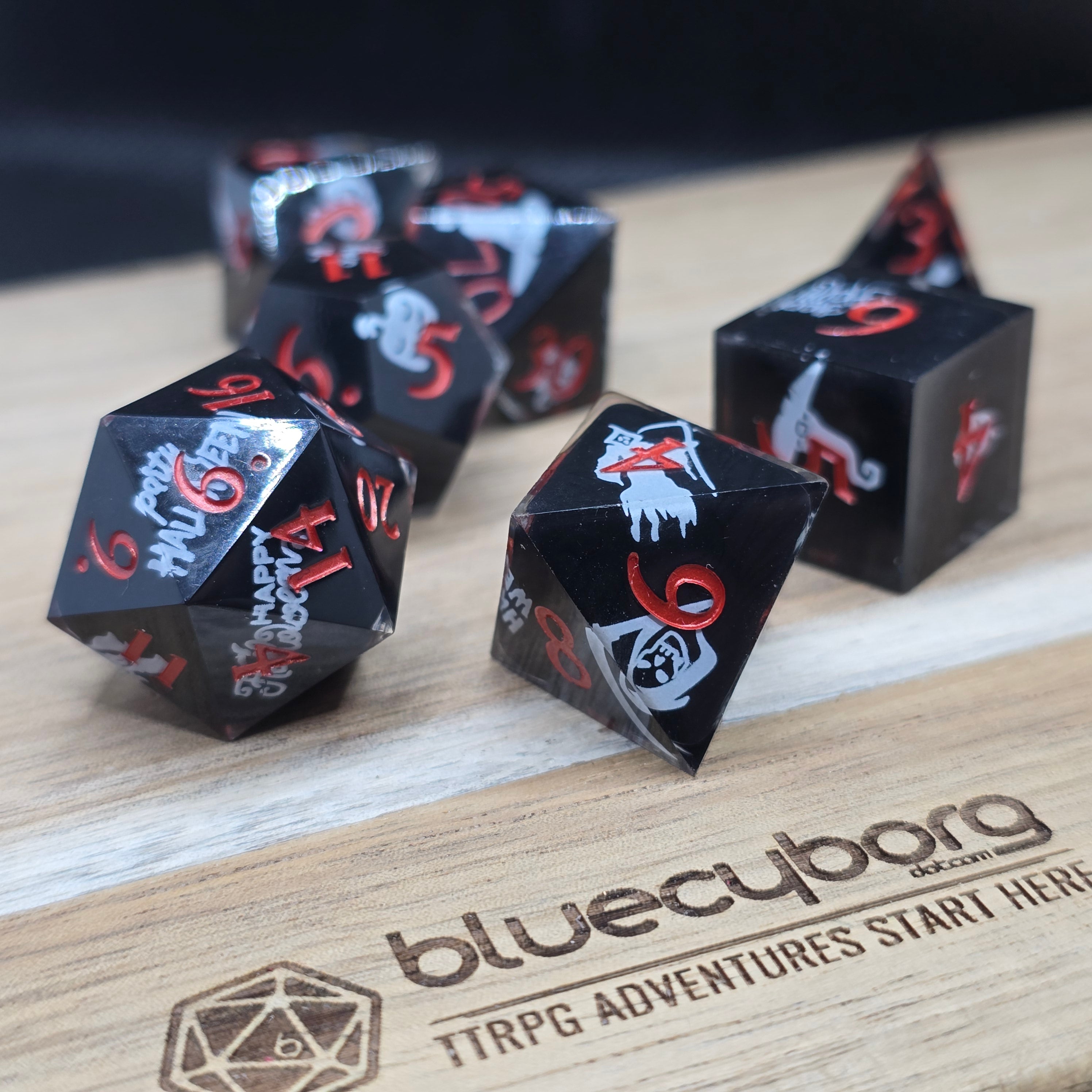 Midnight Frights Halloween glow in the dark shell resin RPG dice set