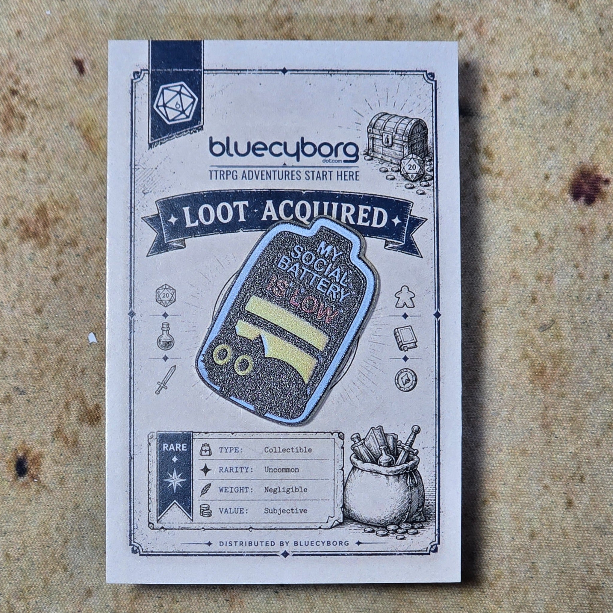 My Social Battery Is Low Acrylic Pin Badge on BlueCyborg backing card