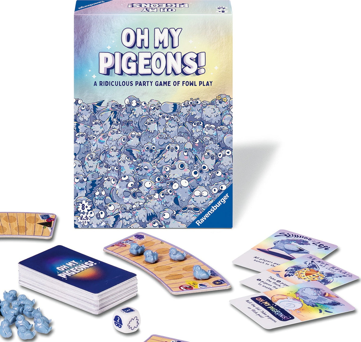Oh My Pigeons! game box, pigeon miniatures, bench, cards and die