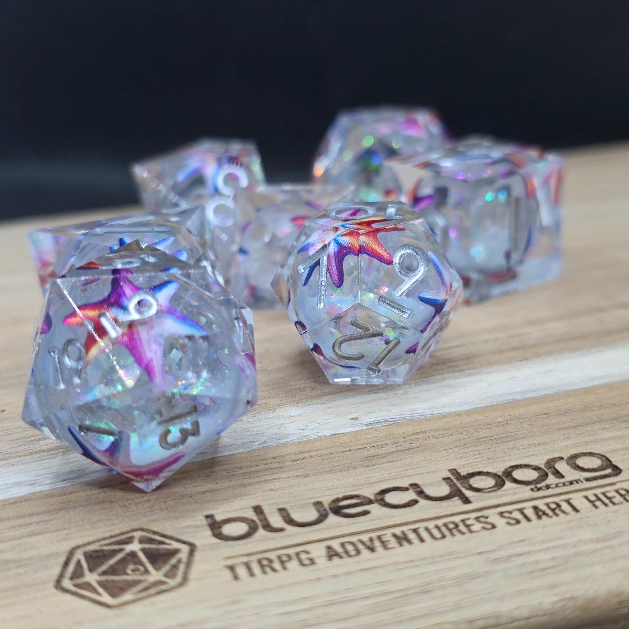 Pearl Reef Starfish liquid core resin dice set with starfish details
