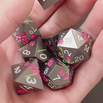 Metal Dice Set - Floral - Matt Black Red Flower