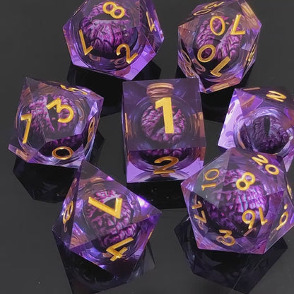 Premium D20 Polyhedral 7 Piece Dice Set - Liquid Core - Dragon Eye Purple