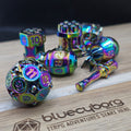 Prismatic Payload rainbow metal bomb themed RPG dice set