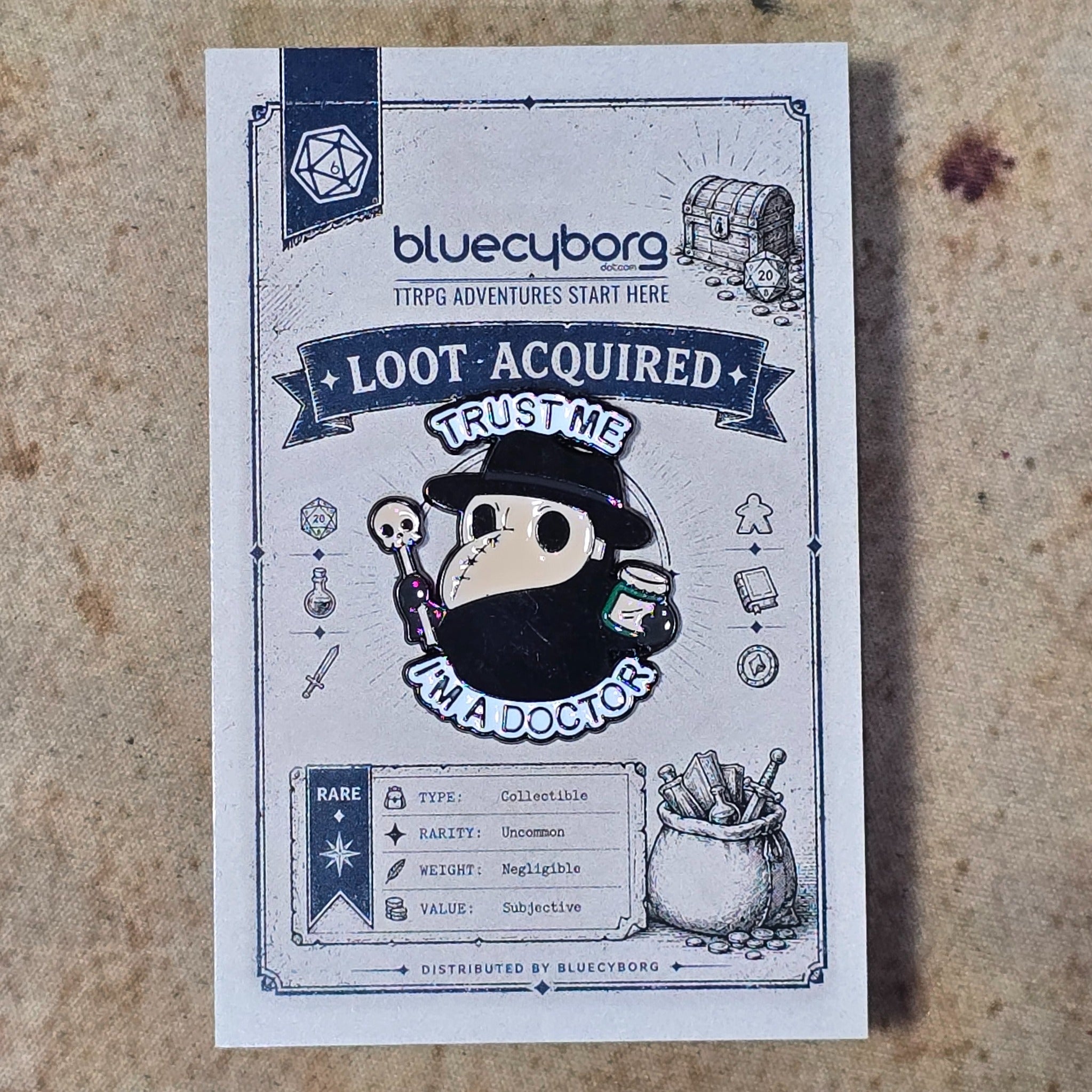 Trust Me, I’m A Doctor Plague Doctor enamel pin badge on BlueCyborg loot card