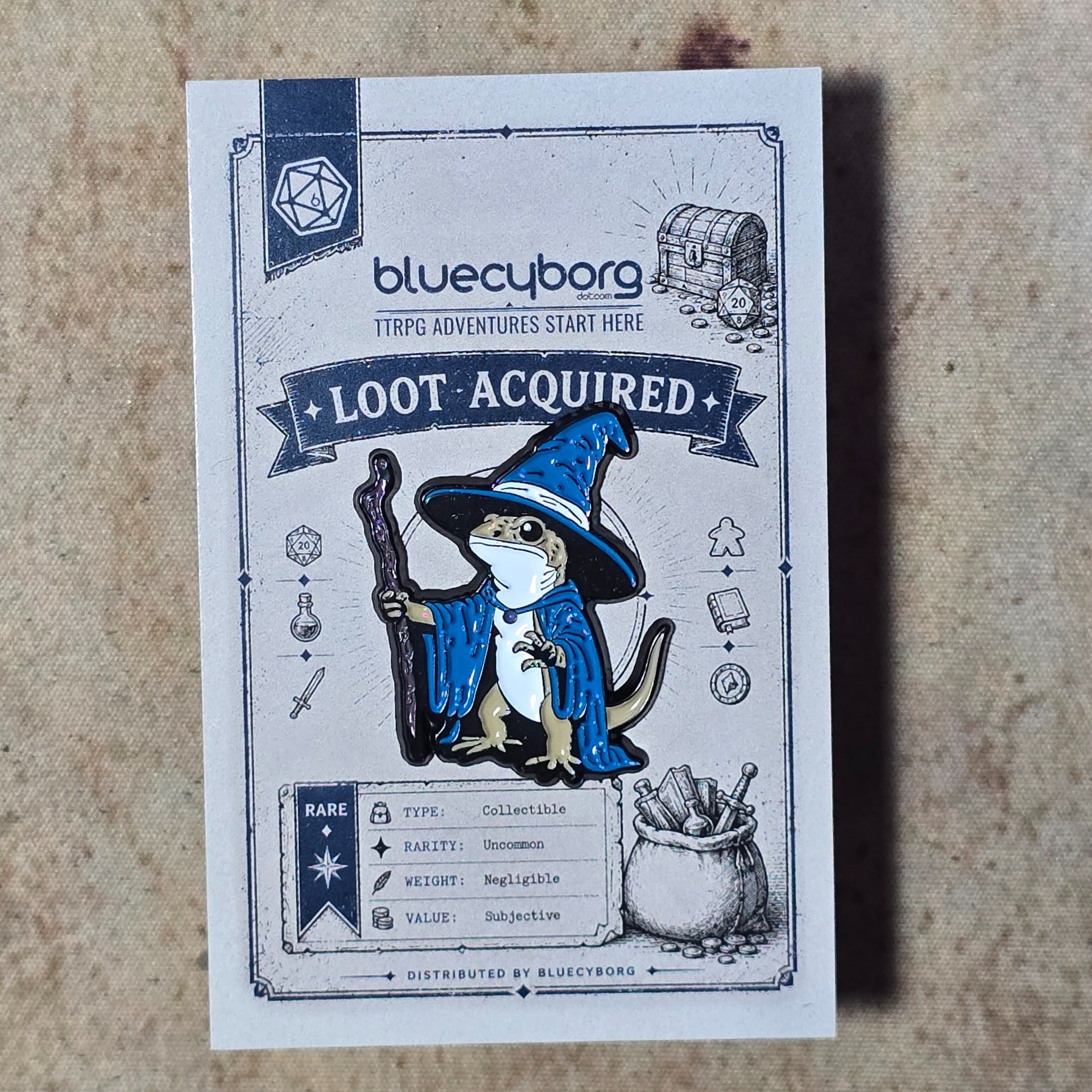 Wizard Lizard Blue Robe enamel pin badge on BlueCyborg loot card