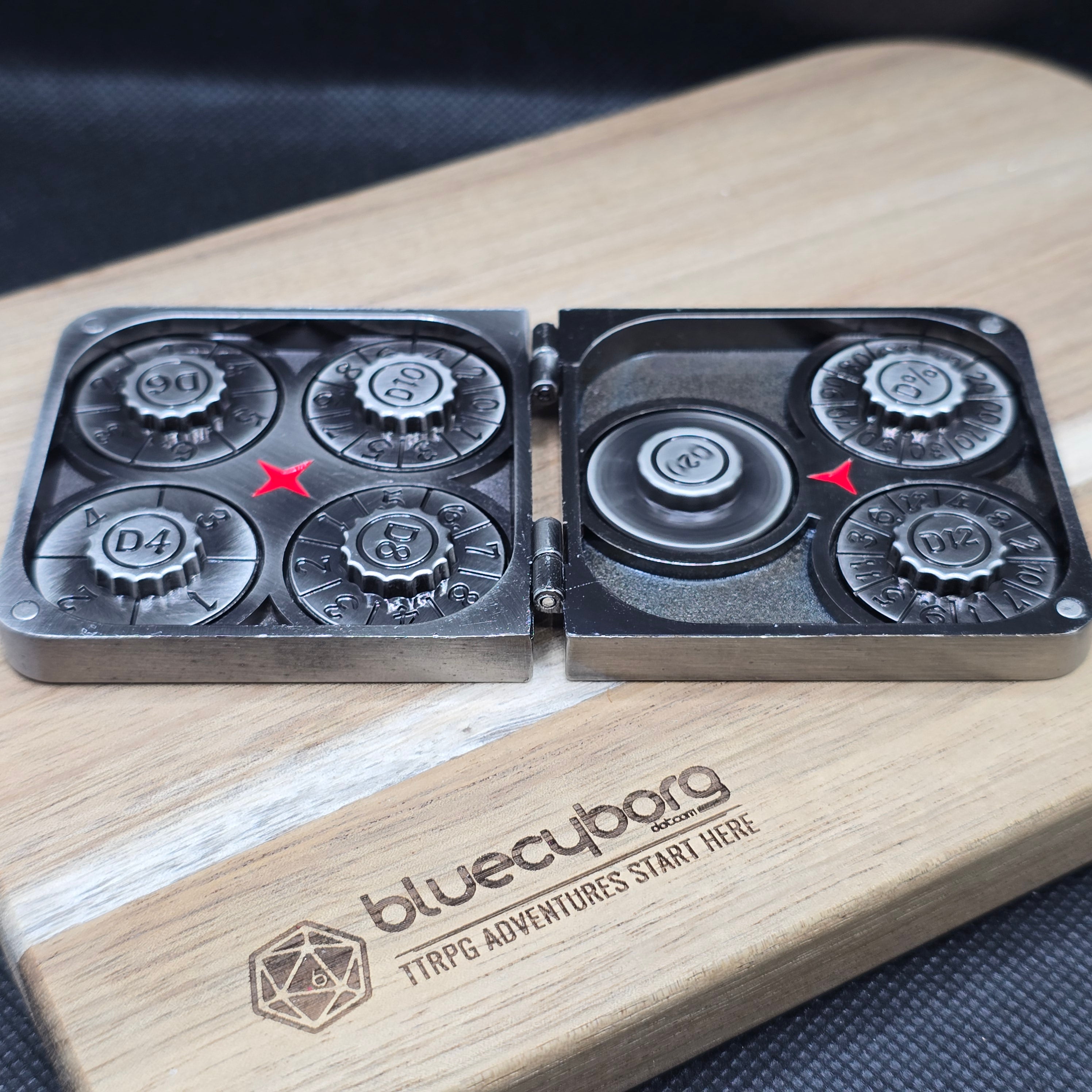 Wyrmhold Dial open with seven spinning RPG dice dials