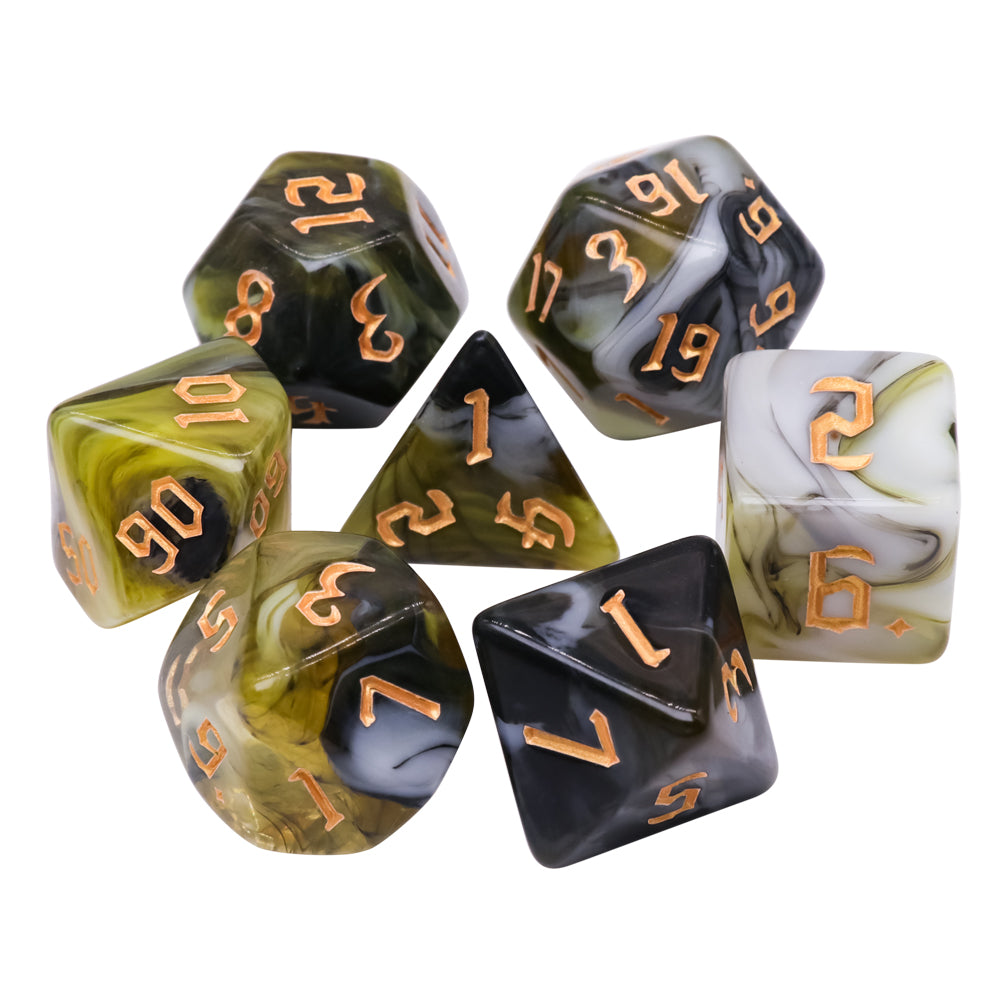D20 Polyhedral 7 Piece Dice Set - Chaos Font - Marblized - Swamp
