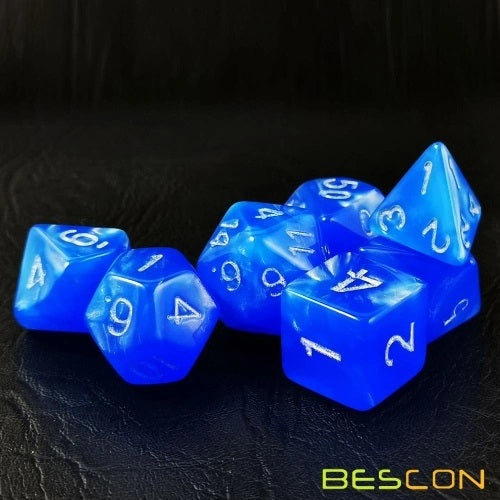 D20 Polyhedral 7 Piece Dice Set - Moonstone - Pearl Dodger Blue