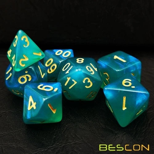 D20 Polyhedral 7 Piece Dice Set - Moonstone - Peacock