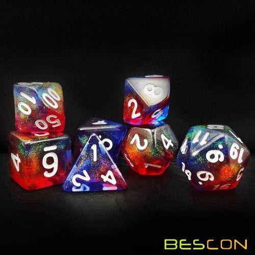 D20 Polyhedral 7 Piece Dice Set - Moonstone - Valor Stone Red Blue Green