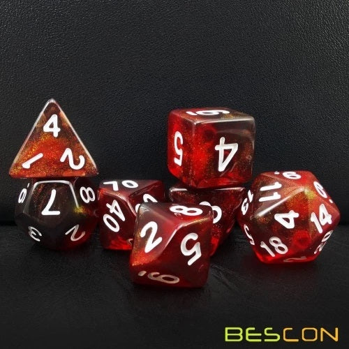D20 Polyhedral 7 Piece Dice Set - Moonstone - Maroon Red